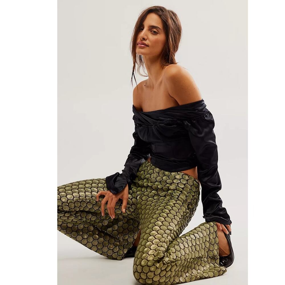 New FREE PEOPLE Wilder Days Sequin Flare Pants  $198 SIZE 4 Gold/Olive